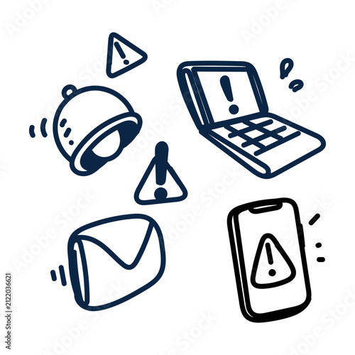 Set of handdrawn doodle style notification alert and warning icons featuring smartphone, envelope email, bell alarm, laptop, and exclamation mark triangles. Perfect for cybersecurity, error message