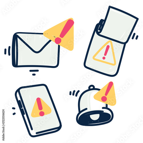 Set of handdrawn doodle style notification alert and warning icons featuring smartphone, envelope email, bell alarm, laptop, and exclamation mark triangles. Perfect for cybersecurity, error message