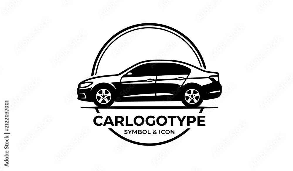 Obraz premium Car Logotype Symbol and Icon with Sedan Silhouette in Circle Badge Vector Design for Automotive Business