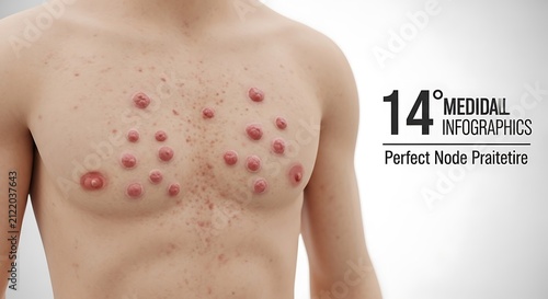 Medical illustration showing skin condition on human chest with dermatology