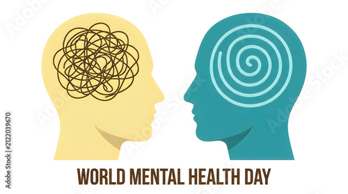 Conceptual illustration for world mental health day showing a cluttered mind versus a calm and organized mental state