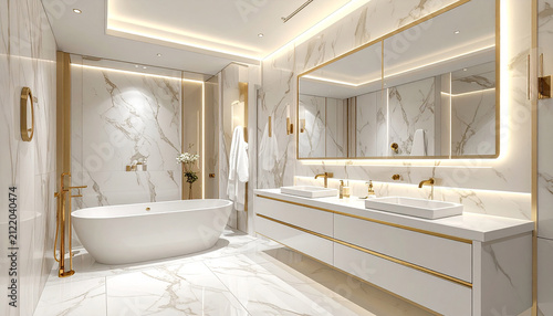 White and gold bathroom with marble walls and modern fixtures 1