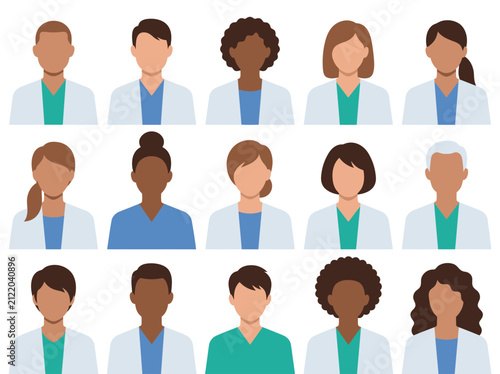 Diverse medical staff avatars. Set of doctor and nurse portraits in flat vector style.