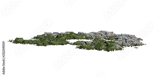 3d natural landscape element of rocks covered with green moss and small plants, isolated on transparent background, nature scene cutout