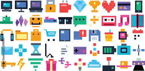 Y2K Pixel Art Icon Set Featuring Vintage Technology Gadgets and Pop Culture Symbols Retro 8 Bit Style Collection for Apps Games and Digital Design