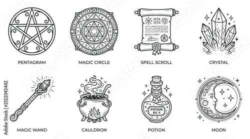 Magical symbols include a pentagram, occult circle, spell scroll, healing crystals, wand, potion.