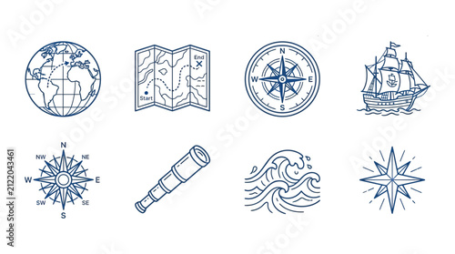 Travel icons collection features a world globe, folding map, compass, sailing ship and telescope.