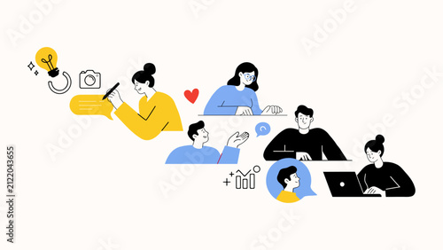 Teamwork, team management and communication. Vector illustration for web banner, social media banner, business presentation, marketing material. 