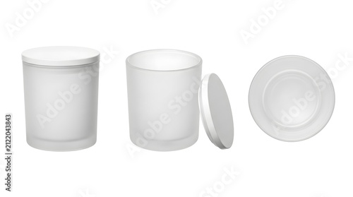 Set of Three Blank Frosted White Glass Candle Vessel Mockups — Multiple Views
