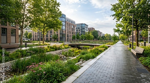 Urban green corridor with pedestrian bridge and bioswale for sustainable stormwater management