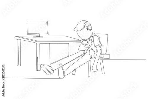 Фотография A continuous line drawing depicting an exhausted human young businessman slumping low in his chair beside his computer desk, showing extreme fatigue and workplace burnout
