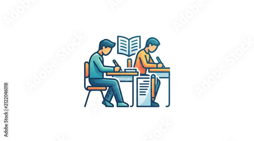 Students studying together at a desk with books.