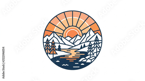 Sunset Mountain Landscape with Trees and Lake Illustration.