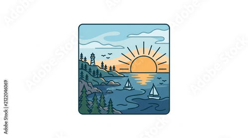 Sunset over calm lake with sailboat and forest silhouette.