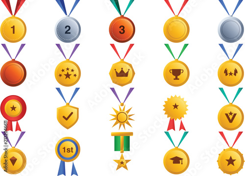Medal Emoji Set Vector Illustration Collection Isolated on Transparent Background Gold Silver Bronze Award Icons for Achievement Success Design