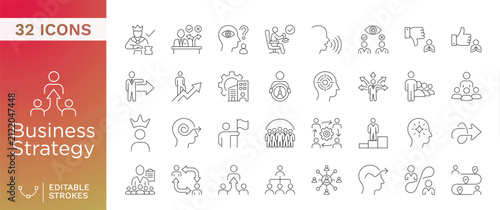 Business Strategy and Leadership Icon Set featuring 32 Editable Stroke Line Icons for Corporate Planning, Management, Teamwork, and Success Concepts