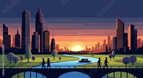 Cityscape at dusk with people walking on a bridge over a river, cityscape