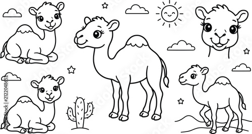 Fotografía Cute Camel Cartoon Character Vector Set with Desert Elements for Coloring Book D