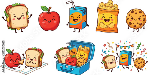 Cute School Lunch Box Cartoon Character Set with Kawaii Sandwich Apple Juice Box Chips and Cookie for Kids Picnic Graphic Designs