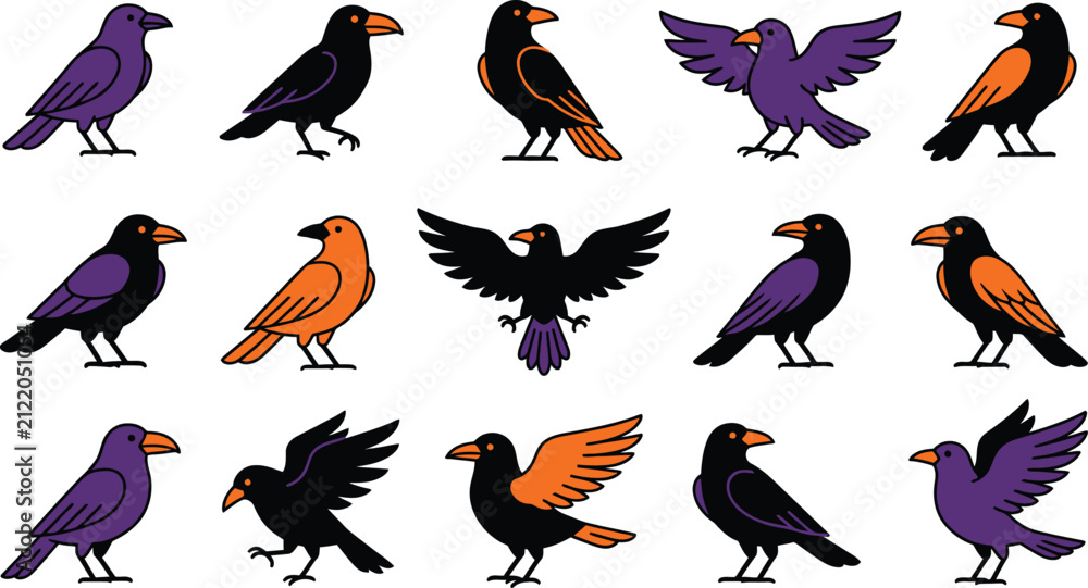 Fototapeta premium Illustrated crows and ravens in various poses isolated on transparent background, isolated on white background, Vector