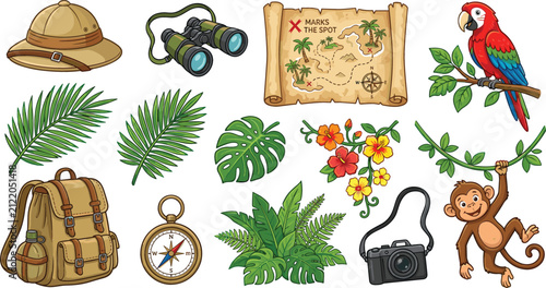 Konstfotografi Jungle Safari and Tropical Treasure Hunt Adventure Vector Illustration Set with