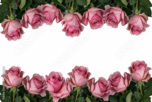 Top-down view of pink rose border with green leaves on white background