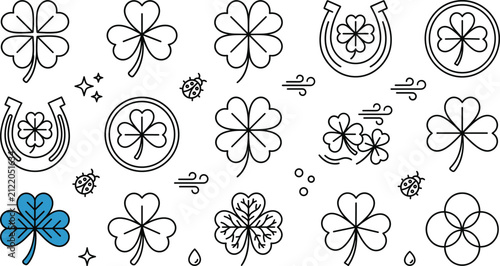 Obraz na płótnie Saint Patricks Day Four Leaf Clover Shamrock Icon Set with Horseshoe Lucky Charm