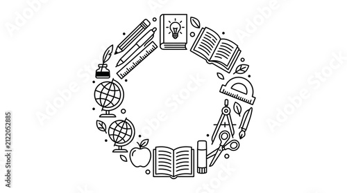 Educational school supplies and stationery icons arranged in a circular frame line art illustration
