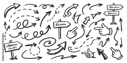 Set of hand drawn arrows and pointing fingers with directional signs and doodle sketches for creative design