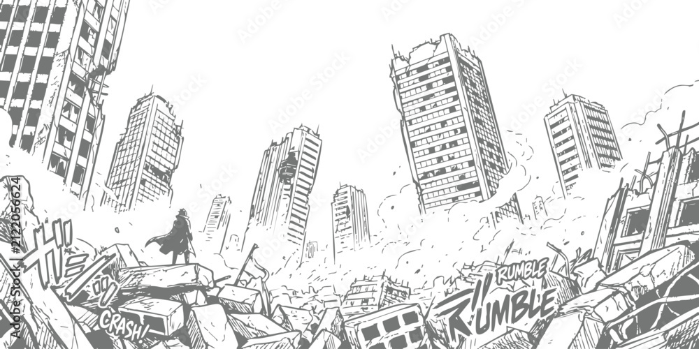 Fototapeta premium A lone hero stands in a destroyed city with falling buildings and rubble after a massive disaster event