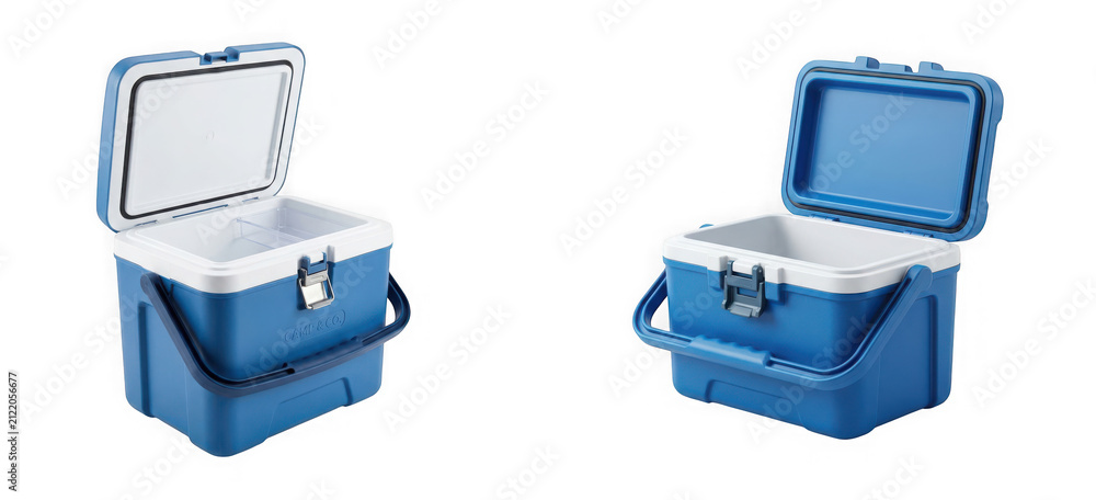 Obraz premium Two blue portable cooler boxes with open lids isolated on transparent background