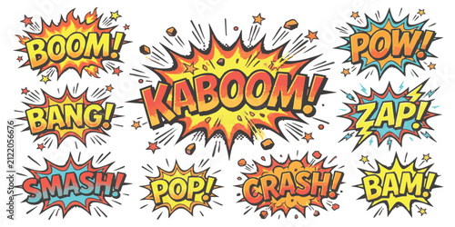 Foto Set of colorful comic book style speech bubbles with action words like boom bang