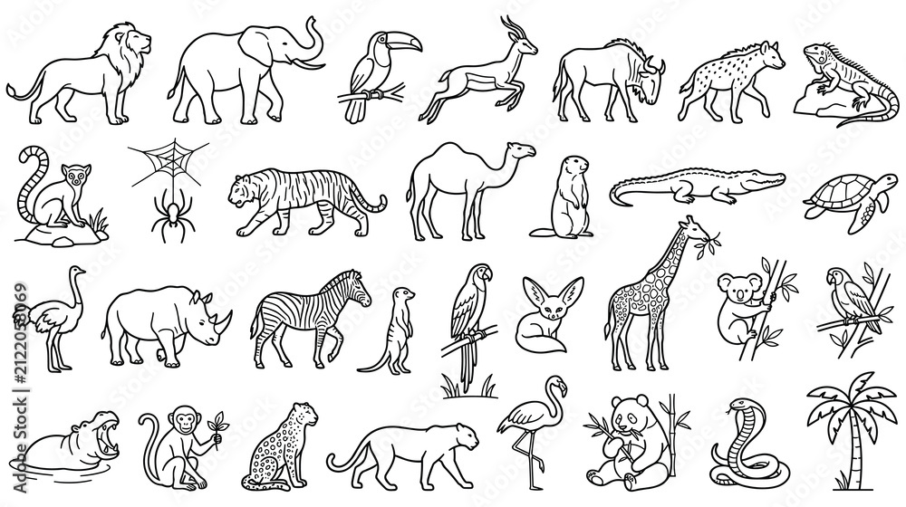 Obraz premium Set of wild animal illustrations for coloring pages isolated on background.