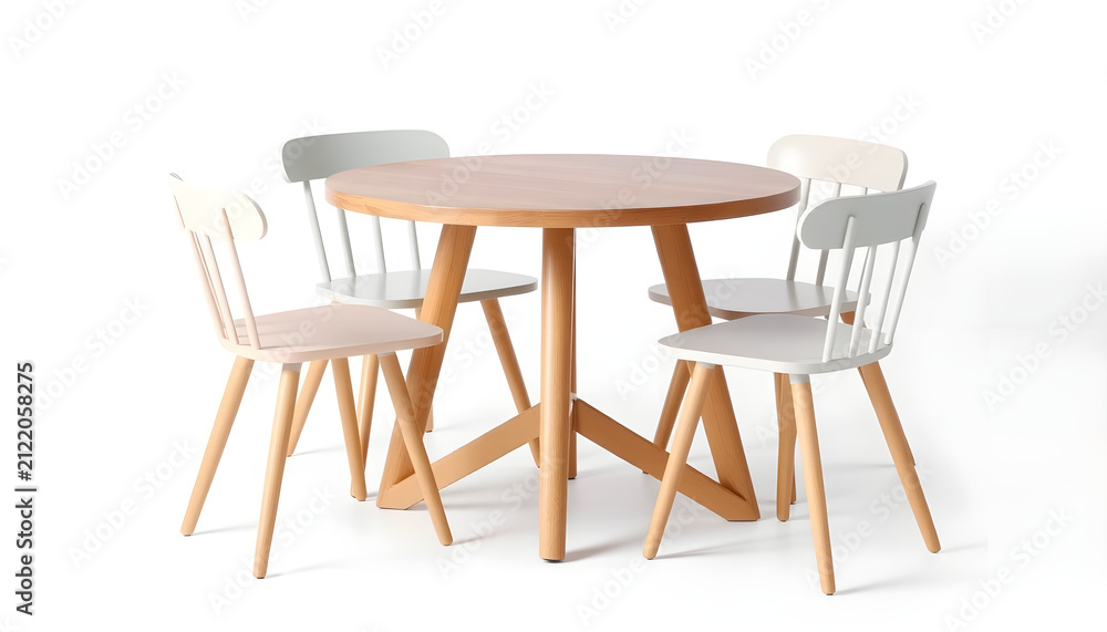 Fototapeta premium Scandinavian light wood round dining table with crossed base, four light gray chairs, bright white backdrop, studio photography visual.