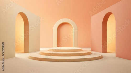 Minimalist pastel podium and arches in a warm studio interior