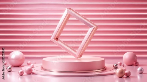 Minimalist pink podium with floating geometric frame and spheres in studio