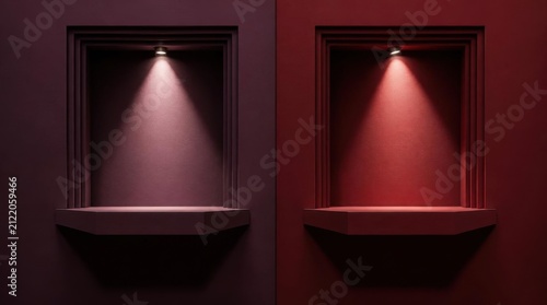 Minimalist red and plum alcove pedestals with spotlights for product display