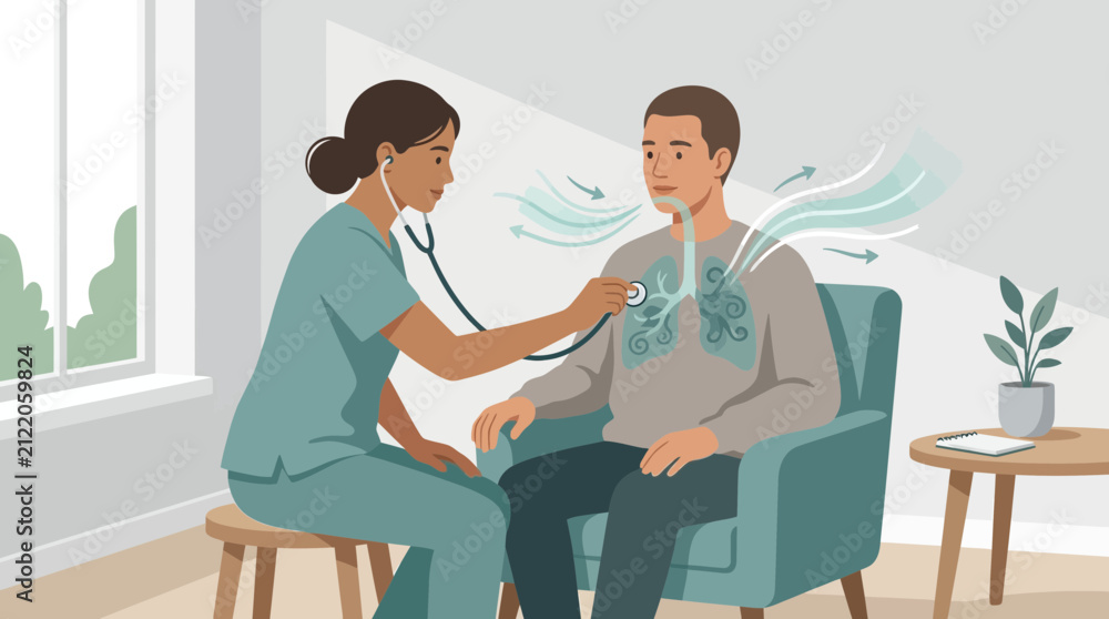 Obraz premium Doctor examines patient's lungs with stethoscope, illustrating breathing process