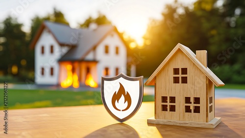 Home insurance protection concept with miniature house and fire safety symbol