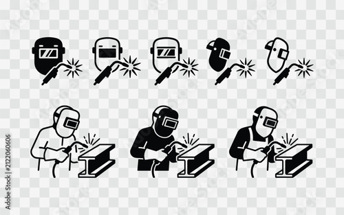 Welder icons set, professional welding work, worker with welding mask and equipment, industrial manufacturing