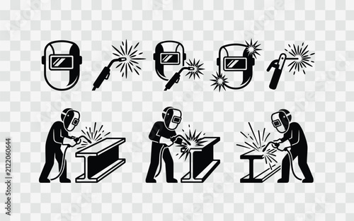 Welding icons collection, welder with mask and torch, industrial metalwork, professional welding process
