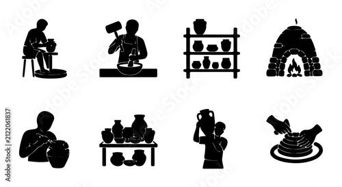 Pottery Craft Icons, Ceramic Art Process, Artisan Making Clay Vessels, Kiln Firing, Workshop Tools
