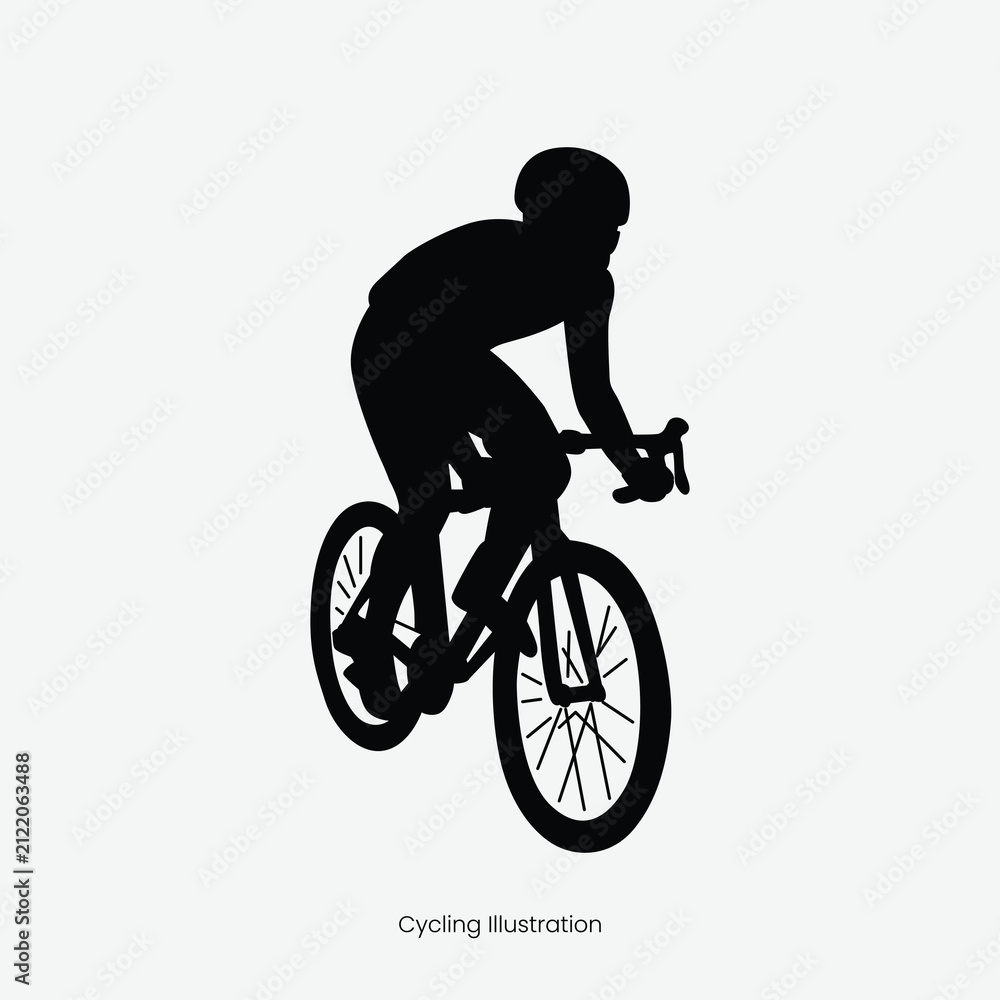 Fototapeta premium Black Silhouette of Cyclist on Bicycle Isolated