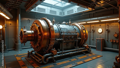 Large steampunk machine in a dark industrial engine room with pipes and gauges, cinematic lighting for sci-fi