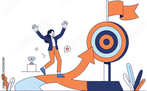 Foto A successful businesswoman celebrating reaching her professional goal with a target and trophy