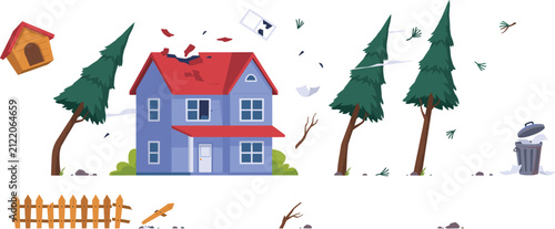 Natural Disaster Hurricane Vector Element Set with Damaged House Roof, Broken Fence, Flying Debris, and Windblown Trees for Insurance Layouts