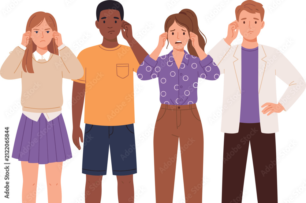Fototapeta premium Group of people covering their ears vector illustration featuring diverse characters blocking out noise with annoyed and uncomfortable expressions on a white background