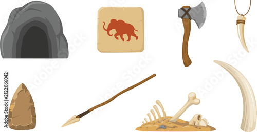 Foto Prehistoric Stone Age Vector Element Set with Cave, Mammoth Cave Painting, Spear