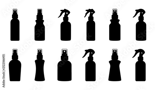 Foto Set of 12 Black Silhouette Spray Bottles, Various Shapes and Sizes, Vector Icons