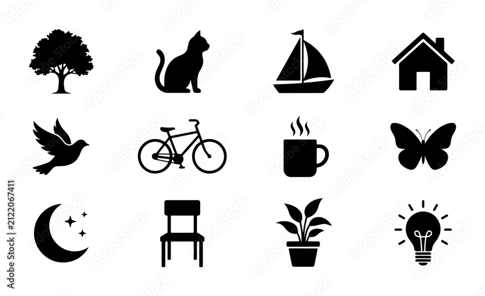 Fototapeta premium 12 Simple Black Silhouette Icons: Tree, Cat, Sailboat, House, Bird, Bicycle, Coffee Cup, Butterfly, Moon, Chair, Plant, Lightbulb - Versatile Vector Graphics for Design